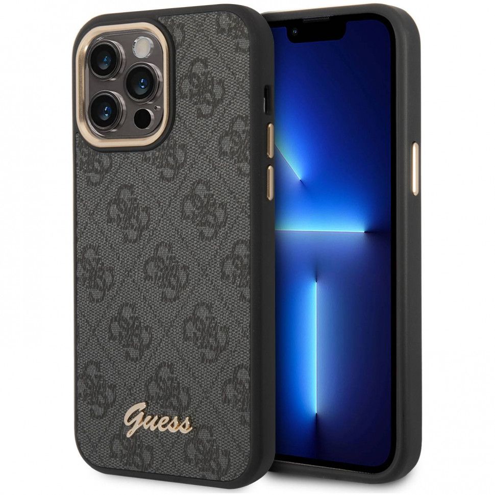 Чехол-накладка Guess 4G Script metal logo Hard для iPhone 14 Pro, полиуретан, черный— фото №0