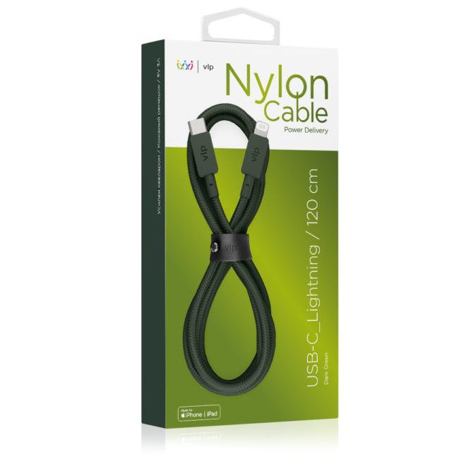 Кабель VLP Nylon Cable USB-C / Lightning, 1,2м, темно-зеленый— фото №1